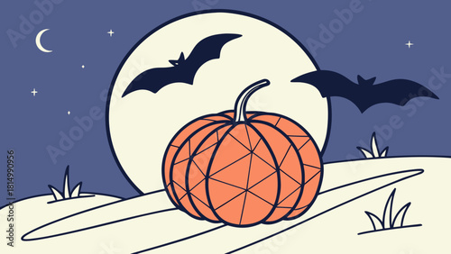 Halloween pumpkin with bats flying in the night sky.
