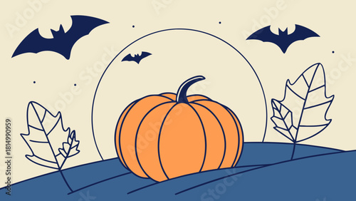 Halloween pumpkin with bats and leaves in autumn landscape.