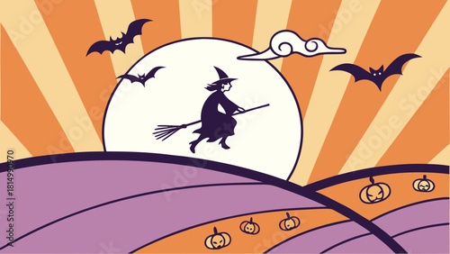 Halloween illustration with witch flying on broomstick under full moon.