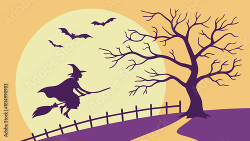 Witch flying on broomstick against full moon and bare tree.
