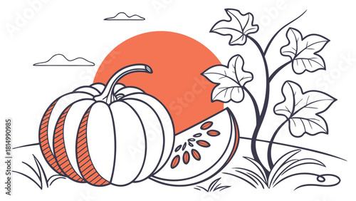 Illustration of a pumpkin and vine in a field at sunset.