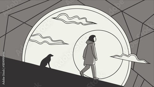 Man and dog walking together in a surreal landscape.