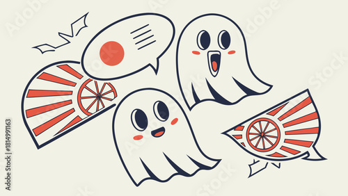 Cartoon ghosts with Japanese flags and speech bubble.