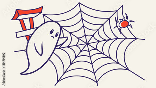 A cartoon ghost caught in a spider web with a smiling face and a spider watching.
