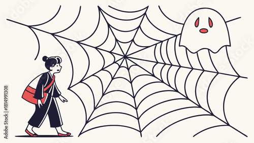 Woman in traditional Japanese kimono walking into a spider web with a ghostly figure.