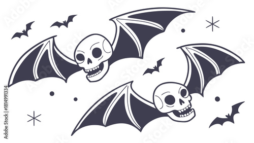 Halloween bats and skulls illustration with dark silhouettes and white accents.