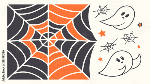 Halloween themed illustration with spider web and ghosts.
