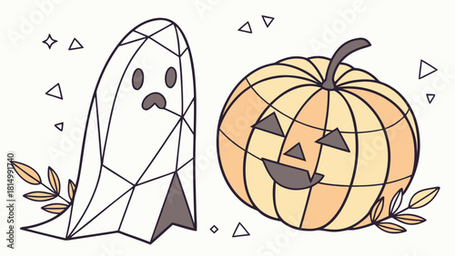 Geometric ghost and pumpkin illustration for Halloween design.