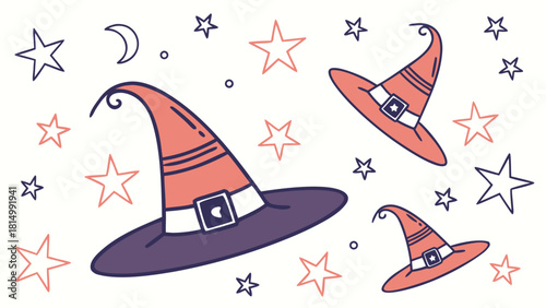 Halloween Witch Hats & Stars Pattern. Spooky Cartoon Illustration for Seasonal Backgrounds & Decor