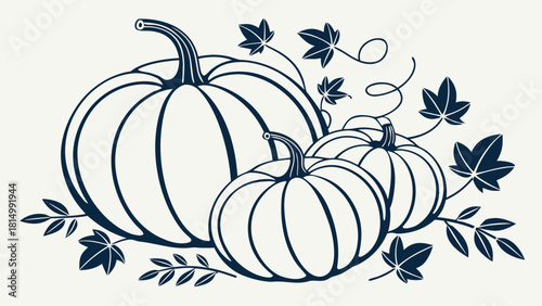 Autumn Harvest Pumpkins with Leaves & Vines Line Art Illustration