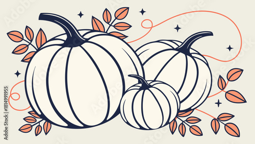 Stylized White Pumpkins with Autumn Leaves and Decorative Elements for Fall Season Design