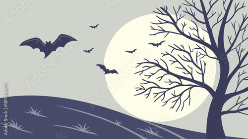 Spooky Night Landscape with Full Moon, Flying Bats, and Bare Tree Silhouette on Hills