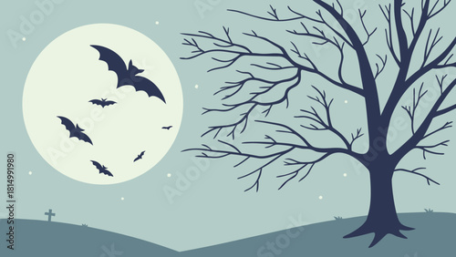 Spooky Full Moon Night with Flying Bats and Bare Tree Silhouette