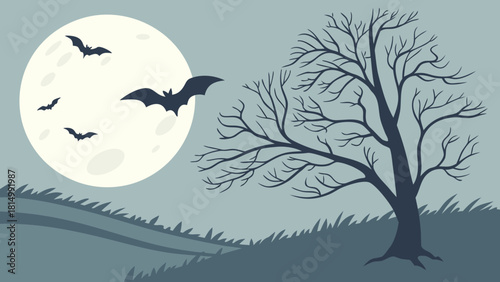 Eerie Moonlit Night with Flying Bats and Bare Tree Silhouette. Spooky Halloween Landscape Vector Illustration.