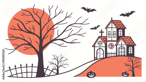 Halloween Night Landscape Illustration with Haunted House, Bare Trees, Bats, and Full Moon