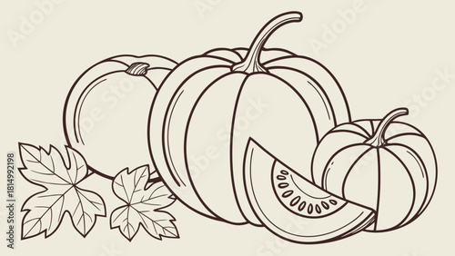 Autumn Pumpkins and Fall Leaves Line Art Illustration. Harvest Season Outline Vector.