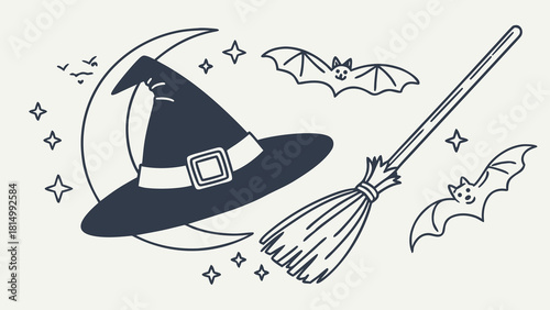 Halloween Witch's Hat, Broomstick, Bats, and Moon Line Art Illustration