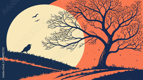 Minimalist Twilight Landscape with Bare Tree, Full Moon, and Bird Silhouettes