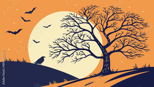 Halloween Night Landscape with Full Moon, Bare Tree Silhouette, Bats, and Crow - Vector Illustration