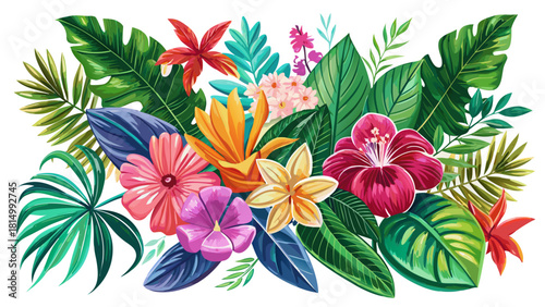 Very beautiful collection of vibrant tropical flowers and lush green leaves illustrated in watercolor, isolated on a clean white background to create fresh, elegant, and versatile elements for creativ
