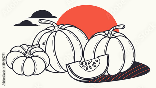 Minimalist line art pumpkins with red sun background. Autumn harvest season illustration for fall, Thanksgiving, Halloween.