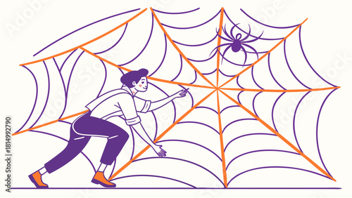 Man interacting with a giant spider web with a spider, illustrating intricate connection and design