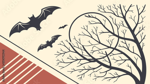 Spooky Halloween Night Graphic: Flying Bats, Bare Tree, and Moon Illustration
