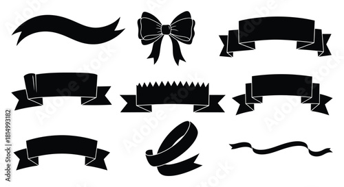 Collection of decorative black ribbons and banners in various shapes and styles