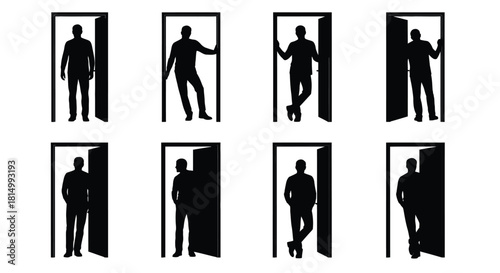 Silhouettes of people standing in doorways showing different poses and perspectives