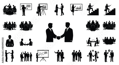 Collection of business silhouettes depicting meetings negotiations and professional interactions