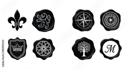 Collection of antique heraldic symbols wax seals and ornate decorative elements