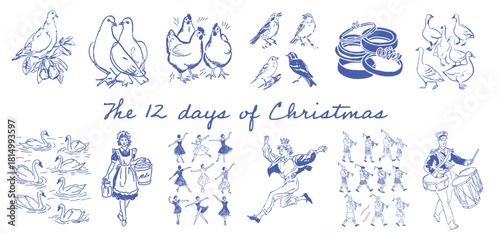 Hand drawn sketch illustration of the twelve days of christmas song