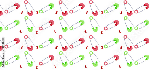Seamless pattern of red and green safety pins and push pins scattered on a white background.