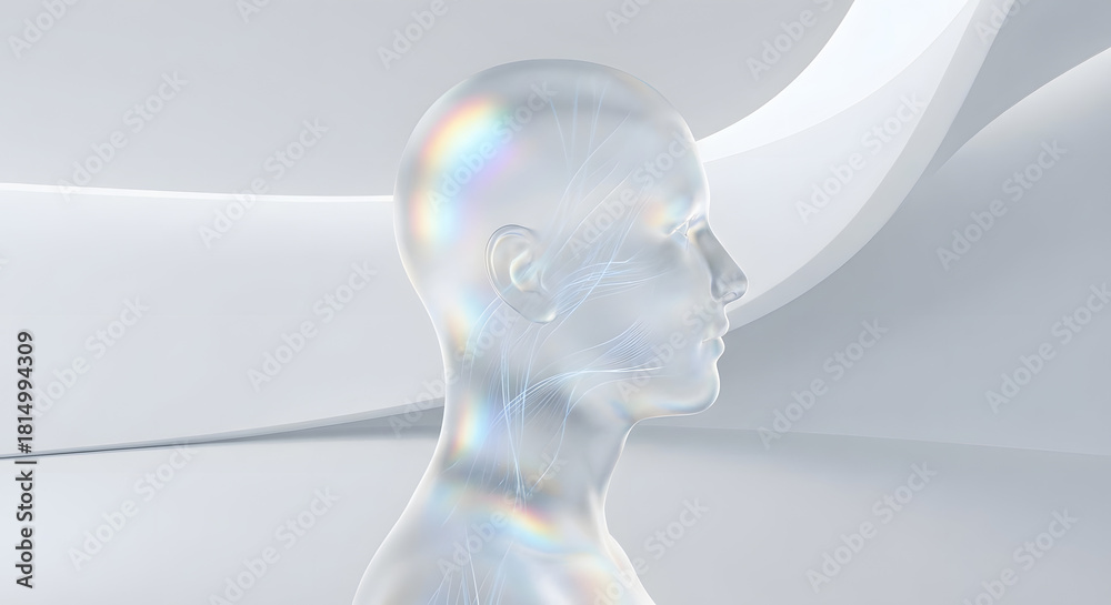 Obraz premium Double Exposure of Frosted Glass Human Profile Glowing with Prismatic Light and Subtle Data Streams, Clean AI Concept