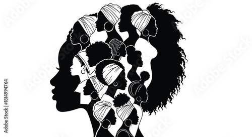 A striking black and white portrait featuring faces within a larger head shape