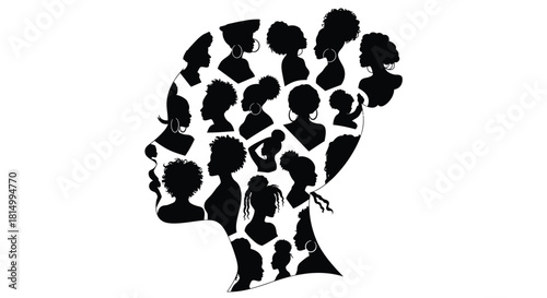 A profile of a woman s face composed of many smaller silhouettes