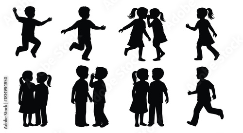 Silhouettes of children playing and running a cheerful and energetic scene