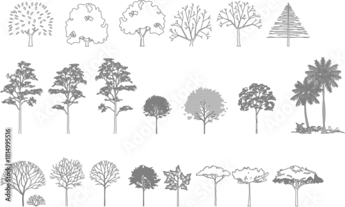 Tapety A comprehensive vector line art set of 23 architectural trees in elevation view, featuring diverse species from conifers to palms, with and without leaves.