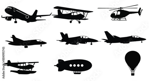 Silhouettes of various aircraft including planes helicopters and a hot air balloon