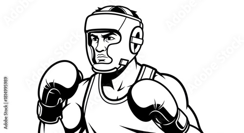 Monochrome illustration of a determined boxer in full gear.
