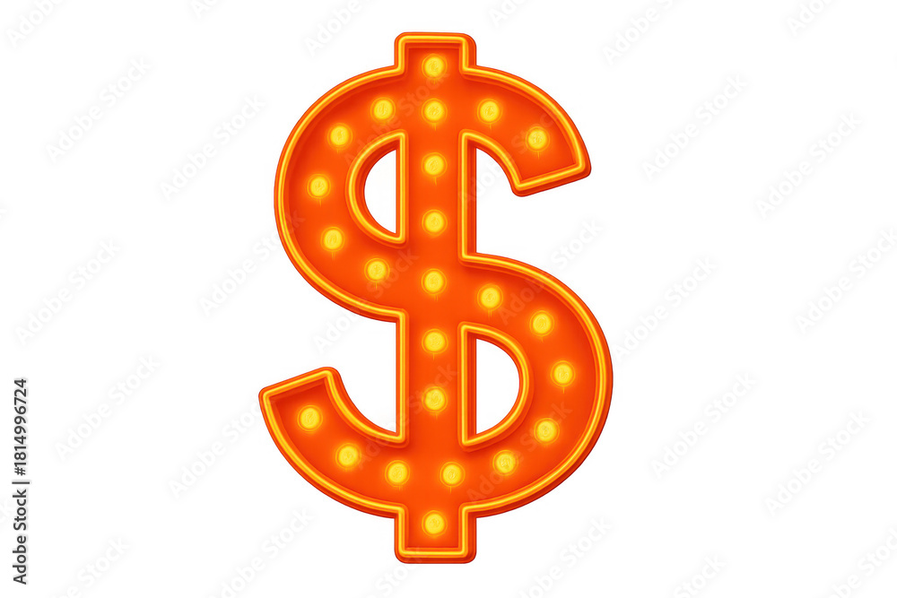 Fototapeta premium Dollar sign flashing light bulb marquee symbol with glowing orange retro casino style, transparent background