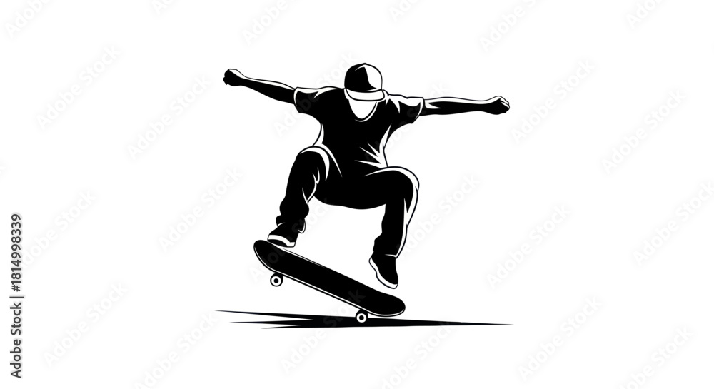 Obraz premium Skateboarder performing an aerial trick silhouette against white background dynamic action.