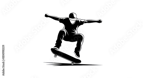 Skateboarder performing an aerial trick silhouette against white background dynamic action.