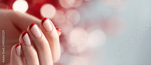 Elegant womans hand showcasing a festive red French tip manicure against a soft, blurred bokeh background Concept of beauty, nail care, and holiday style