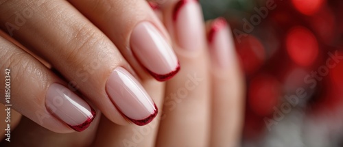 Womans hand with elegant french manicure with red glitter tips Concept of beauty, nail care, and festive holiday style