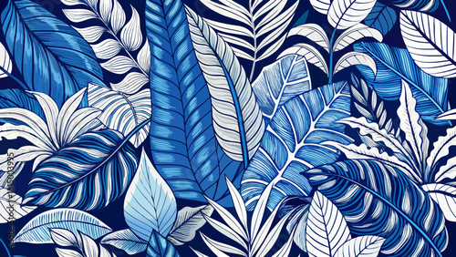 Very beautiful botanical art background featuring tropical leaves hand-drawn in white and blue line style, creating an elegant and luxurious design suitable for decoration, prints, wallpaper, textiles