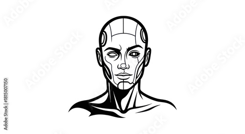 Monochromatic illustration of a human-like robot head with visible circuitry.