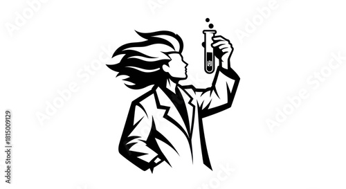 Scientist holding a bubbling test tube with wind blowing hair.