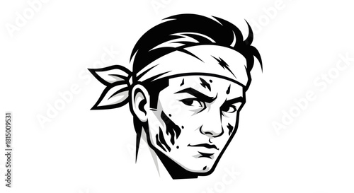 Monochrome illustration of a determined man with a headband.