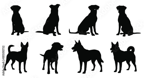Silhouette collection of various dog breeds in different poses and profiles